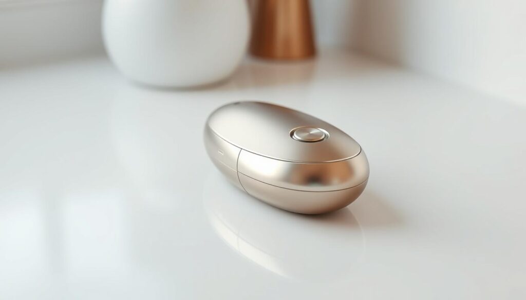 A stylish rechargeable vibrator rests on a sleek, minimalist surface, its polished metallic body gleaming under the soft, diffused lighting. The device is nestled atop a crisp, white background, exuding a sense of modern luxury and convenience. The composition emphasizes the vibrator's clean lines and elegant design, inviting the viewer to imagine its discreet and effortless functionality. The overall atmosphere is one of sophistication, highlighting the vibrator as a thoughtfully crafted, high-quality intimate accessory for the discerning user.
