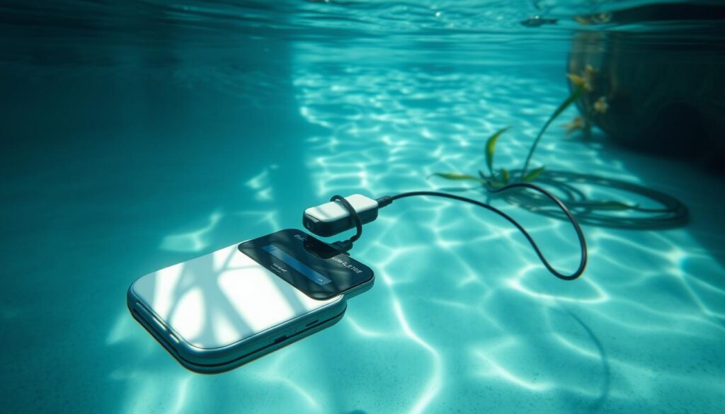 A submerged, waterproof device rests on the bottom of a tranquil, gently rippling pool, its sleek, polished surface glimmering in the soft, diffused underwater lighting. Elegant cables trail from the device, connecting it to a compact, streamlined power source that is partially obscured by aquatic plants. The entire scene conveys a sense of harmony and efficiency, highlighting the careful optimization of battery life and performance for this aquatic device, ready to provide safe, reliable functionality in the watery environment.