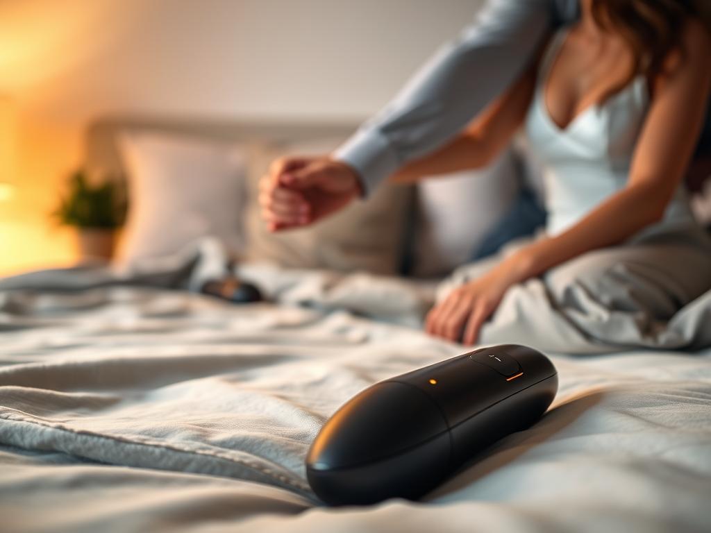 A tasteful, well-lit scene showcasing a couple's remote-controlled sex toys. In the foreground, a sleek, modern vibrator and bullet vibrator resting on a plush bedsheet. In the middle ground, the couple's hands intertwined, suggesting intimacy and connection. The background features a minimalist bedroom setting with soft, warm lighting, creating a sensual, relaxing atmosphere. The overall composition conveys the benefits of using remote sex toys to enhance intimacy and pleasure between partners.