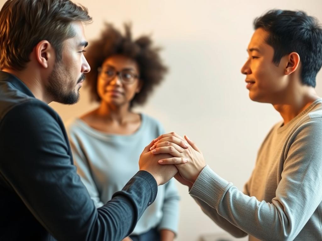 A thoughtful and sensitive discussion between two individuals, shot in warm, soft lighting. In the foreground, their hands clasped together, a gesture of trust and understanding as they openly share information about their sexual health status. The middle ground shows their faces in profile, expressions serious yet compassionate, conveying the gravity and importance of this conversation. The background is a neutral, minimalist space, allowing the focus to remain on the interpersonal connection. Overall, the scene radiates a sense of mutual care, respect, and the shared responsibility of maintaining sexual wellbeing.