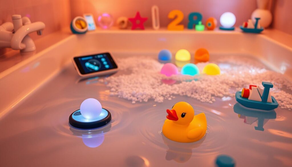 A vibrant and whimsical scene of app-controlled aquatic devices floating in a warm, softly-lit bathtub. In the foreground, a compact remote-controlled rubber duck glides across the water's surface, its LED lights pulsing in sync with a smartphone app. Further back, a sleek, waterproof speaker module emits mellow tunes, its surface rippling with cascading water effects. In the middle ground, a series of color-changing bath bombs fizz and swirl, their hues shifting in response to custom settings. The background showcases an array of sensor-equipped bath toys - from a water thermometer to a light-up boat - all seamlessly integrated with a user-friendly mobile interface. The overall atmosphere is one of playful, high-tech relaxation, inviting the viewer to imagine the possibilities of app-enhanced aquatic fun.