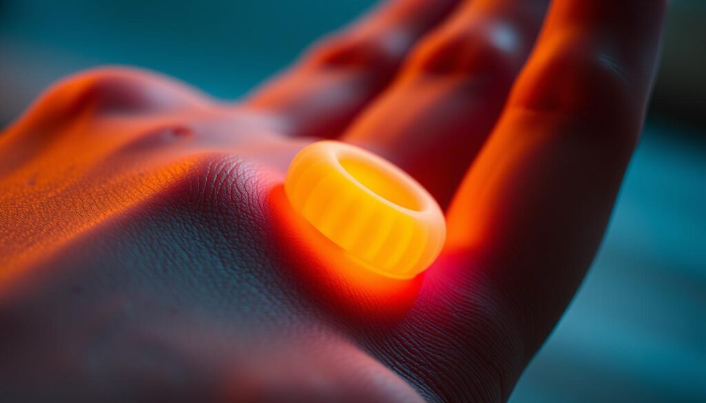 A vibrant, close-up view of a silicone vibrating cock ring positioned on a phallus, gently pulsating with a soft, ambient glow. The ring's contoured shape nestles snugly around the base, with its ridged exterior textured for enhanced sensation. Subtle highlights accentuate the curves, while soft, diffused lighting casts a warm, sensual atmosphere. The perspective emphasizes the intimate, tactile nature of this pleasure-enhancing accessory, offering a detailed illustration to guide effective, partnered vibration play.