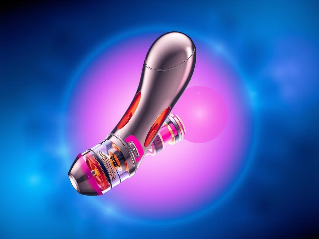 A vibrant, scientifically-accurate illustration showcasing the intricate mechanisms of a high-quality vibrator and its positive impact on sexual health. A sleek, chrome-finished vibrator is the central focus, rendered in meticulous detail, its components and inner workings exposed in a cutaway view. Surrounding it, a halo of soothing blue and purple hues, representing the calming and therapeutic effects of vibrator use. In the background, a stylized anatomical diagram highlighting the key erogenous zones and pelvic structures stimulated by vibrator use, conveying the physiological benefits. Subtle lighting from above casts warm, natural shadows, creating depth and dimensionality. The overall composition strikes a balance between clinical precision and sensual aesthetics, educating and inspiring with scientific rigor.