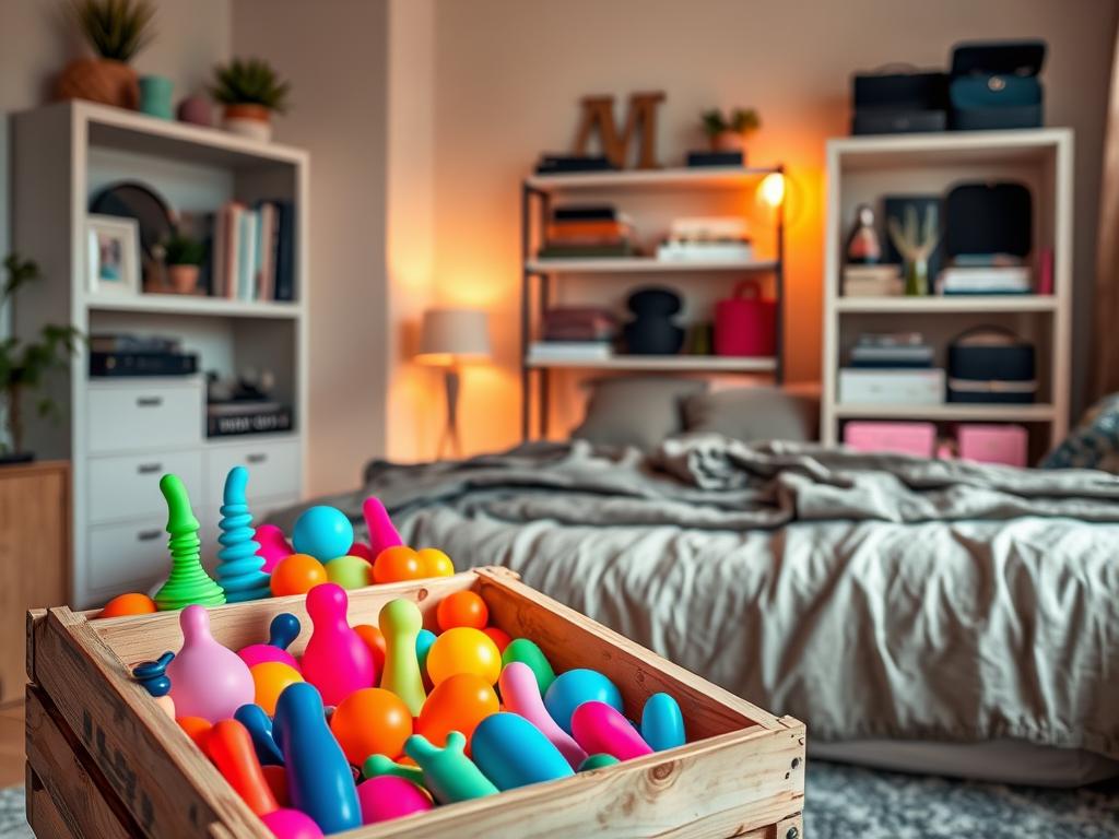 A vibrant, well-lit DIY storage idea scene showcasing various creative and functional ways to organize and store sex toys. In the foreground, a repurposed wooden crate or drawer unit displays an assortment of brightly colored silicone and glass toys arranged neatly. In the middle ground, shelves made from upcycled materials like old books or decorative boxes hold a variety of sleek storage cases and pouches. The background features a cozy, minimalist bedroom setting with warm lighting, natural textures, and personal decor elements that cultivate a sense of intimacy and self-care. The overall atmosphere is one of thoughtful, stylish organization and discreet, body-positive self-expression.