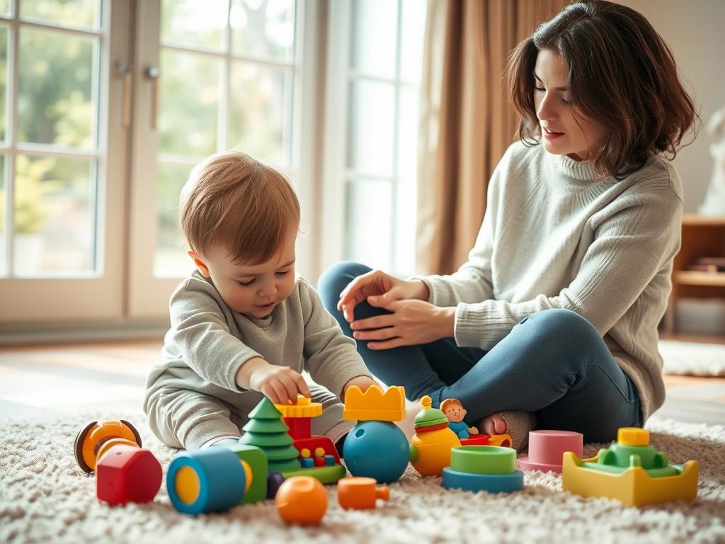 A warm and nurturing scene of a parent closely supervising their young child during play. The child, dressed in age-appropriate, comfortable clothing, is engaged in imaginative play with a selection of safe, high-quality toys on a plush, carpeted floor. The parent, seated nearby, maintains a gentle yet attentive gaze, ready to provide guidance or assistance as needed. Soft, natural lighting filters in through large windows, creating a cozy, inviting atmosphere. The overall mood conveys a sense of care, security, and the importance of age-appropriate supervision during playtime.
