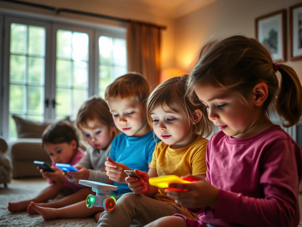 A warm, well-lit living room with large windows. In the foreground, a group of children intently focused on small, colorful app-controlled toys, their faces lit by the glow of the devices. In the middle ground, a parent or caregiver stands nearby, observing the children's play with a gentle, attentive expression. The background features tasteful decor, suggesting a cozy, family-friendly environment. The lighting is soft and natural, creating a sense of peace and contentment. The composition draws the viewer's eye to the children's engaged expressions and the supervising adult, conveying a scene of responsible, attentive care.