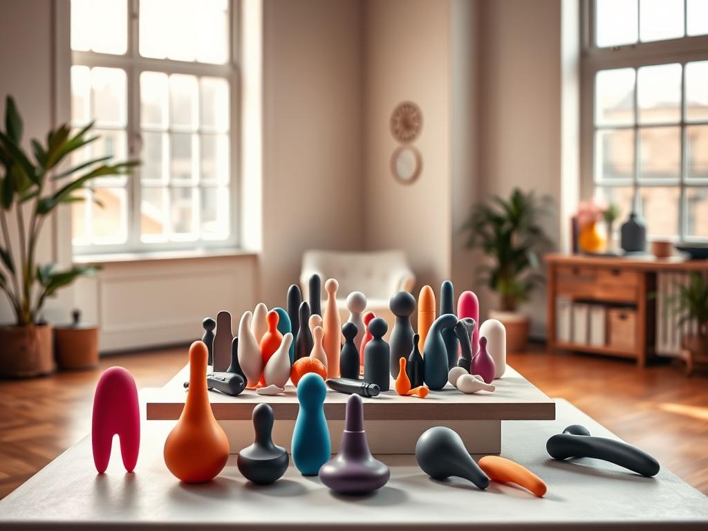 A well-lit, airy studio space with a table at the center, displaying an artfully arranged assortment of high-quality, body-safe sex toys in a range of colors and materials. Softly diffused natural light filters in through large windows, creating a warm, inviting atmosphere. In the foreground, a few carefully selected toys are showcased, their sleek designs and premium finishes hinting at their ethical origins and commitment to user safety. The midground features a variety of shapes and sizes, representing a diverse selection of trusted brands known for their responsible manufacturing practices and customer-centric approach. The background subtly suggests a sense of comfort and empowerment, with subtle undertones of sophistication and care.