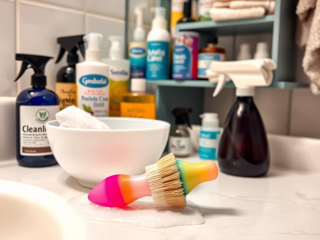 A well-lit and organized bathroom counter, with various sex toy cleaning products neatly arranged. In the foreground, a vibrant multi-colored dildo is being gently scrubbed with a soft-bristle brush and a gentle, fragrance-free soap. Behind it, a small bowl of warm, soapy water stands ready for dipping and rinsing. In the background, shelves hold an assortment of specialized toy cleaners, sanitizing sprays, and soft cleaning cloths. The scene conveys a sense of care, attention to detail, and a commitment to maintaining the hygiene and longevity of intimate pleasure objects.