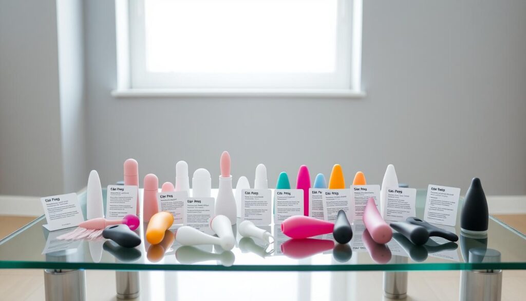 A well-lit, clean, and minimalistic white room with a glass table in the foreground. On the table, an array of diverse clitoral sex toys neatly arranged, including silicone vibrators, suction devices, and massagers. Each toy is accompanied by a small informative card detailing safety guidelines, usage tips, and proper cleaning instructions. The background features neutral gray walls, with a large window letting in natural light that casts a soft, diffused glow over the scene. The overall mood is informative, educational, and promotes responsible, informed use of intimate products.