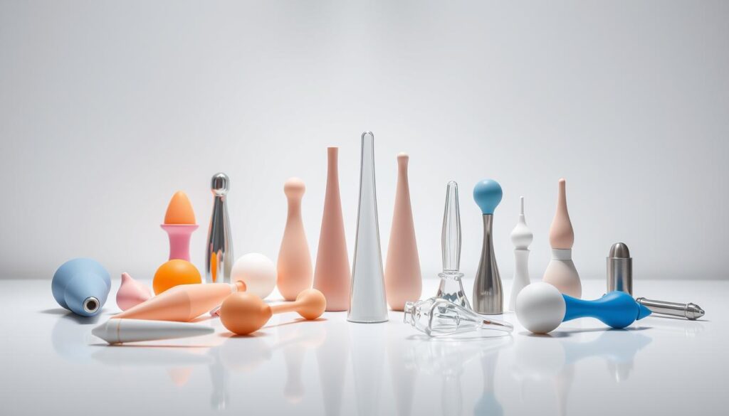 A well-lit, clinical scene depicting an assortment of high-quality, body-safe sex toys arranged on a clean, white surface. The toys are made of medical-grade silicone, glass, and stainless steel, showcasing a variety of sizes, shapes, and functions tailored for safe, comfortable intimate play. Soft, even lighting from above illuminates the toys, conveying a sense of care, quality, and attention to detail. The background is simple and uncluttered, allowing the focus to remain on the thoughtfully selected, responsibly-designed toys.