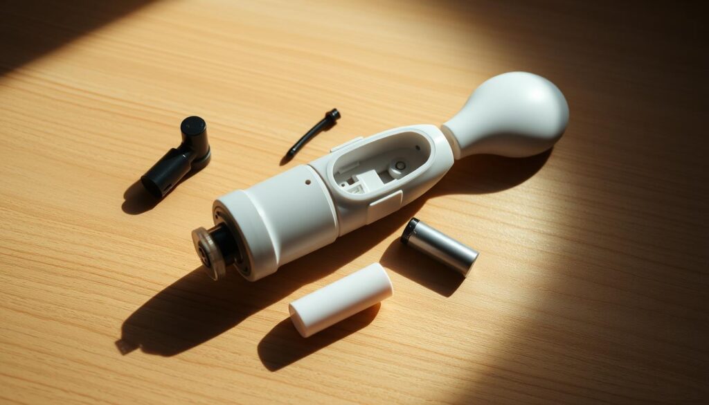 A well-lit, close-up image of a vibrator disassembled on a clean, wooden surface. The vibrator's components - motor, batteries, silicone casing - are arranged neatly, highlighting their intricate design. Soft shadows cast by the vibrator parts create a sense of depth. The image has a neutral, clinical tone, emphasizing the mechanical nature of the task. Bright, indirect lighting from the side illuminates the scene, accentuating the textures and materials. The overall impression conveys a methodical approach to vibrator maintenance and storage, in line with the section title.