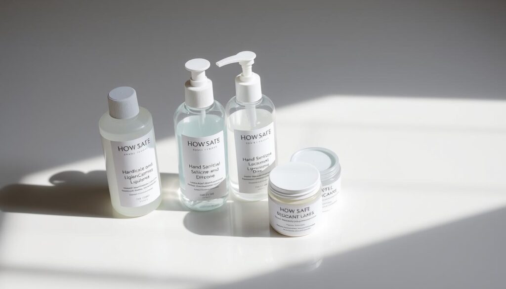 A well-lit, close-up photograph of a selection of body-safe, silicone-based hygiene products, including a lubricant bottle, a hand sanitizer dispenser, and a small jar of fragrance-free moisturizer. The items are arranged artfully on a clean, white surface, with soft shadows and subtle highlights to emphasize their smooth, premium textures. The overall mood is one of calm, reassuring professionalism, conveying the message of thoughtful, high-quality intimate care. The camera is positioned at a slight downward angle, creating a sense of accessibility and approachability.