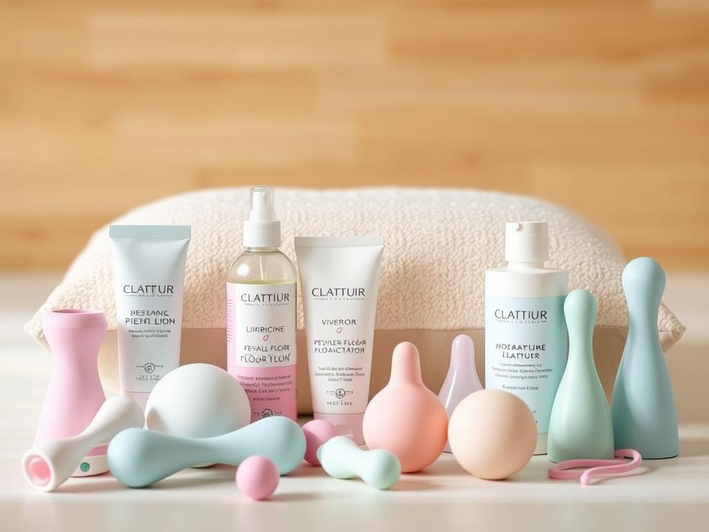 A well-lit, close-up photograph of a variety of postpartum-safe sex toys and products. The foreground features a selection of silicone vibrators, lubricants, and pelvic floor trainers in calming pastel hues. The middle ground showcases a soft, plush postpartum recovery pillow. The background has a clean, minimalist aesthetic with an out-of-focus, warm-toned wooden surface. The overall mood is one of care, comfort, and sexual wellness, conveying a sense of safety and inclusivity for new parents.