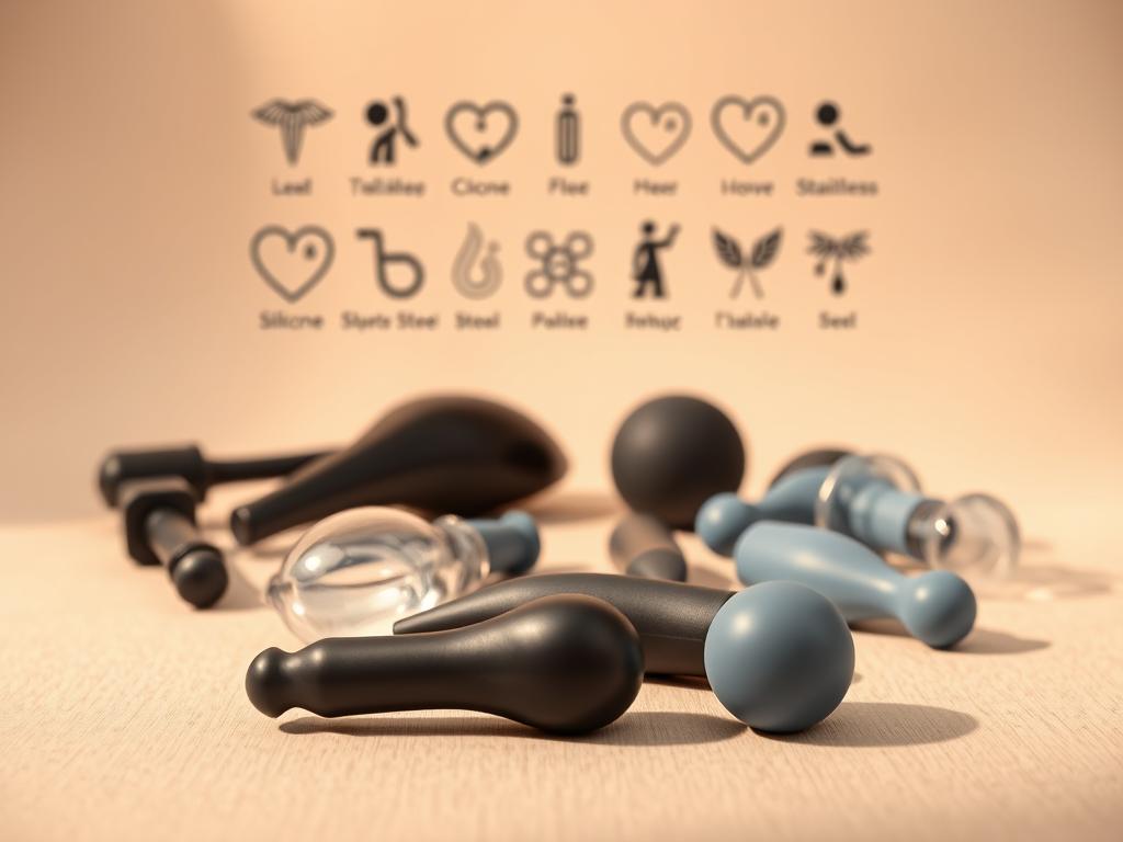 A well-lit, close-up still life composition showcasing an array of body-safe sex toy materials. In the foreground, a variety of high-quality silicone, glass, and stainless steel sex toy components are artfully arranged on a soft, muted background. Lighting is warm and diffused, casting gentle shadows that accentuate the smooth, hygienic textures. The mid-ground features a selection of sex-positive symbols and icons, conveying a sense of wellness and intimacy. The background is minimalist, allowing the materials to take center stage and communicate their safety and suitability for intimate use.