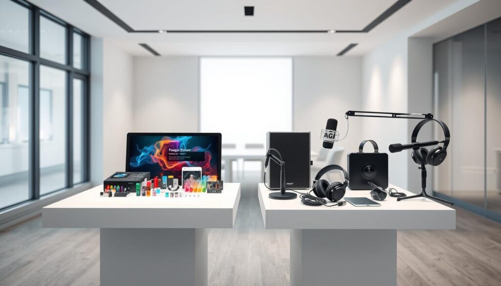 A well-lit, contemporary comparison platform showcasing two distinct "starter kits" for beginners. In the foreground, a sleek, white display table presents the "Magic Starter Kit" - a collection of colorful, mystical-looking components. In the middle ground, a similar table displays the "Podcast Bundle" - a professional-grade microphone, headphones, and other audio equipment. The background features a minimalist, modern office setting with clean lines, large windows, and soft, indirect lighting creating a serene, inviting atmosphere. The overall composition emphasizes the visual contrast and differences between the two products, encouraging the viewer to consider their respective benefits and suitability for a beginner's needs.