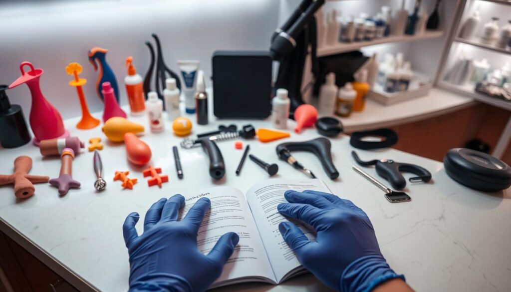 A well-lit countertop displaying an array of intimate products - vibrant silicone toys, sleek metal instruments, and plush restraint gear. In the foreground, a pair of latex-gloved hands meticulously disinfecting each item, using a gentle antibacterial solution. The middle ground features a detailed instruction manual, open to a page outlining proper maintenance protocols. In the background, a softly-lit shelving unit showcases a comprehensive collection of lubricants, cleansers, and storage solutions. The overall atmosphere is one of clinical professionalism, emphasizing the importance of responsible ownership and safe intimacy.