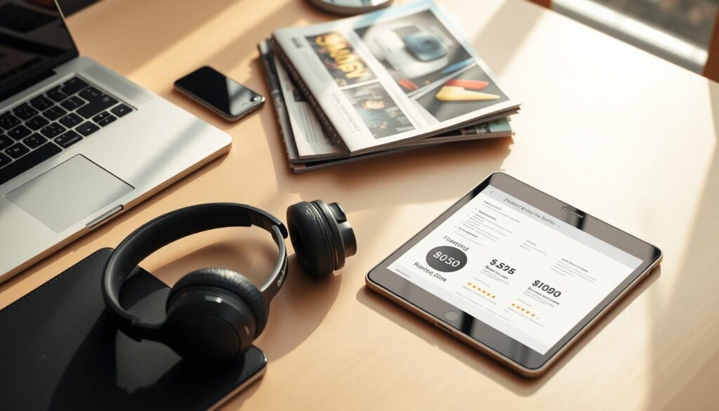 A well-lit desk showcases an array of tech devices, including a sleek laptop, a modern smartphone, and a high-quality pair of headphones. Atop the desk, a stack of glossy magazines and a tablet display eye-catching product reviews and user ratings, providing valuable insights. The scene is bathed in a warm, natural lighting, creating a professional and authoritative atmosphere. The focus is on the curated collection of expert opinions and user feedback, reflecting the section's subject matter of "Expert Reviews and User Ratings Insights" within the article on "Affordable yet effective starter options."