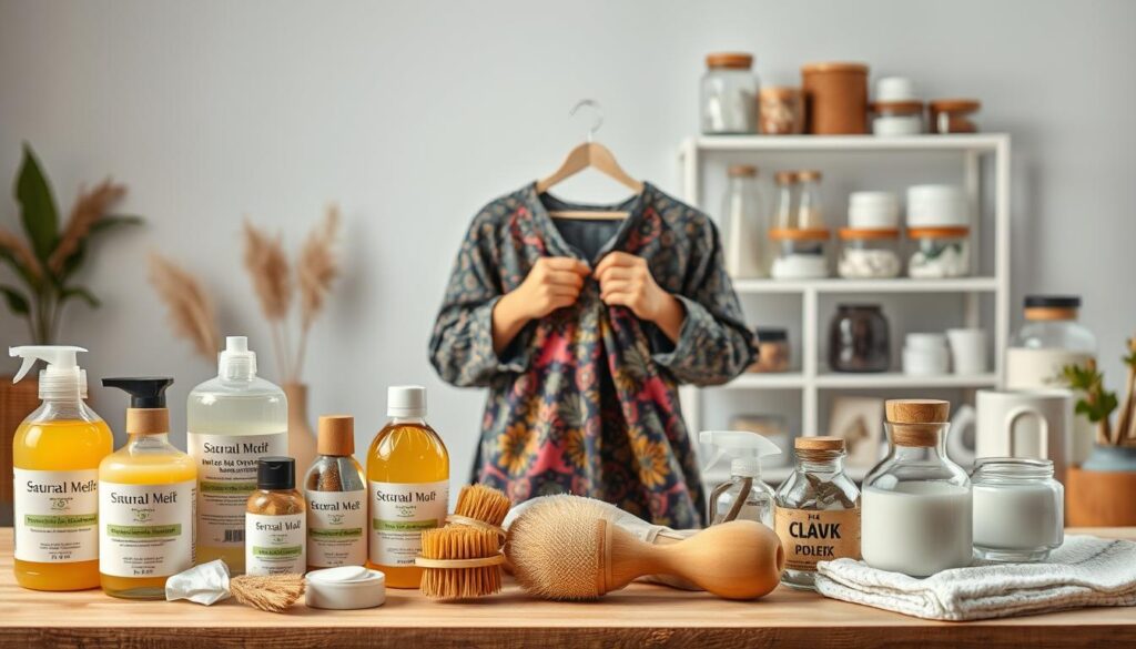 A well-lit, evenly-illuminated studio scene showcasing a diverse range of sustainable product care techniques. In the foreground, an array of natural, eco-friendly cleaning products such as plant-based detergents, beeswax polishes, and wooden scrub brushes. In the middle ground, a person carefully mending a garment using visible mending techniques, their hands delicately stitching a vibrant, patterned fabric. In the background, a neatly organized display of reusable storage containers, upcycled glass jars, and other durable household items. The overall mood is one of mindful, intentional care, conveying the importance of prolonging the lifespan of products through proper maintenance.