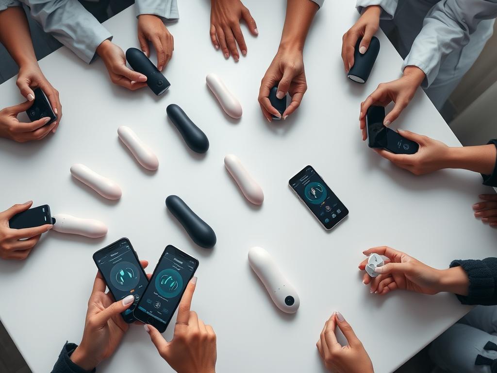 A well-lit, high-angle photographic scene depicting a group of app-controlled vibrators being tested by a diverse team of hands. The vibrators are arranged neatly on a clean, neutral surface, with various smartphone devices in the foreground, displaying vibration control apps. The overall mood is professional, clinical, and detail-oriented, conveying the thorough testing process. Soft, even lighting illuminates the scene, allowing for clear visibility of the vibrator designs and smartphone interfaces. The composition emphasizes the interaction between the vibrators and the testing devices, showcasing the core functionality of app-controlled intimate technology.