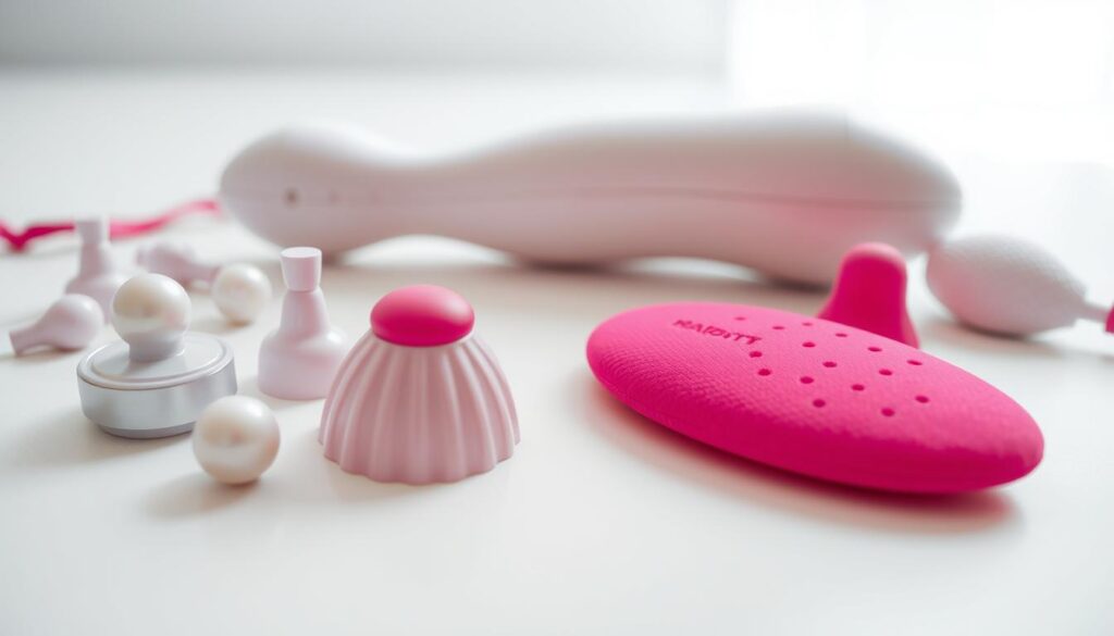 A well-lit, high-quality close-up shot of an array of rabbit vibrator features laid out on a minimalist white surface. In the foreground, various attachments like rotating pearls, pulsing tips, and textured surfaces are neatly arranged. The middle ground showcases the main body of the vibrator, with its smooth, ergonomic design and intuitive controls. In the background, a soft, diffused light creates a sense of depth and accentuates the vibrant, velvety textures of the products. The overall composition and lighting evoke a sleek, modern, and inviting atmosphere, guiding the viewer's attention to the key features of the rabbit vibrator.