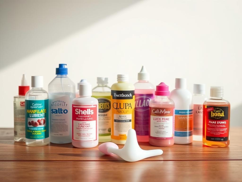 A well-lit, high-quality photograph of a variety of common personal lubricants arranged on a wooden table. The lubricants are displayed in clear bottles or containers, showcasing different viscosities, textures, and colors. The foreground is in sharp focus, highlighting the diverse selection of lubes, while the background is softly blurred, creating a clean, minimalist composition. The lighting is natural and diffused, casting subtle shadows and highlights to accentuate the product details. The overall mood is informative and educational, conveying the importance of selecting the right lube for sex toy use.