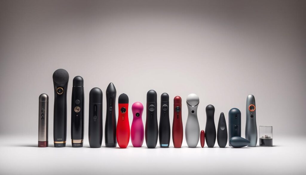 A well-lit, high-quality studio photograph showcasing a collection of contemporary, high-end vibrators in a variety of sizes, shapes, and colors. The vibrators are arranged in the foreground on a clean, minimalist backdrop, with a soft, diffused lighting setup that highlights their intricate textures and finishes. The mid-ground features a selection of vibrator controls and settings, each clearly labeled to illustrate the diverse functionality and customization options available. The background subtly fades into a neutral, yet sophisticated color palette, creating a sense of elegance and sophistication. The overall composition and lighting evoke a mood of sensual exploration and discovery, inviting the viewer to imagine the pleasurable sensations and experiences these vibrators can provide.