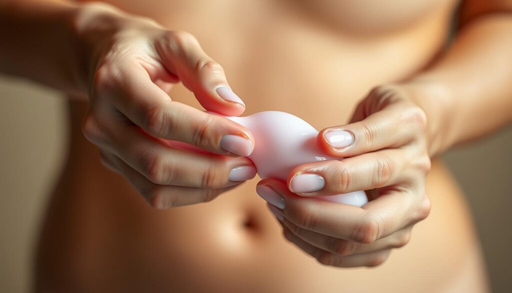 A well-lit, high-resolution close-up image of two hands demonstrating the proper application of a water-based lubricant onto the surface of a smooth, nonporous sex toy. The hands should be positioned in a clear, step-by-step manner, guiding the viewer on the correct technique for safe and hygienic lube application. The toy's material should be visible, and the lubricant should be glistening, creating a clean, clinical aesthetic. The background should be plain and neutral, placing the focus entirely on the demonstration. Warm, natural lighting should create a welcoming, educational atmosphere.