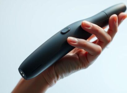 A well-lit, high-resolution close-up photograph of a person's hand gently holding a sleek, modern-looking wand vibrator. The hand is positioned to demonstrate proper grip and handling, with the fingers curled around the body of the vibrator in a relaxed, confident manner. The vibrator itself is the focal point, its surface smooth and lustrous, with subtle accents that suggest advanced features and controls. The background is softly blurred, keeping the emphasis on the vibrator and the hand. The overall mood is one of confident, discreet professionalism, conveying the idea of using the vibrator safely and effectively.