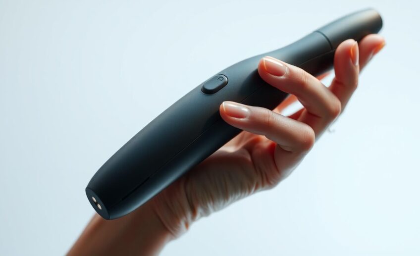 A well-lit, high-resolution close-up photograph of a person's hand gently holding a sleek, modern-looking wand vibrator. The hand is positioned to demonstrate proper grip and handling, with the fingers curled around the body of the vibrator in a relaxed, confident manner. The vibrator itself is the focal point, its surface smooth and lustrous, with subtle accents that suggest advanced features and controls. The background is softly blurred, keeping the emphasis on the vibrator and the hand. The overall mood is one of confident, discreet professionalism, conveying the idea of using the vibrator safely and effectively.