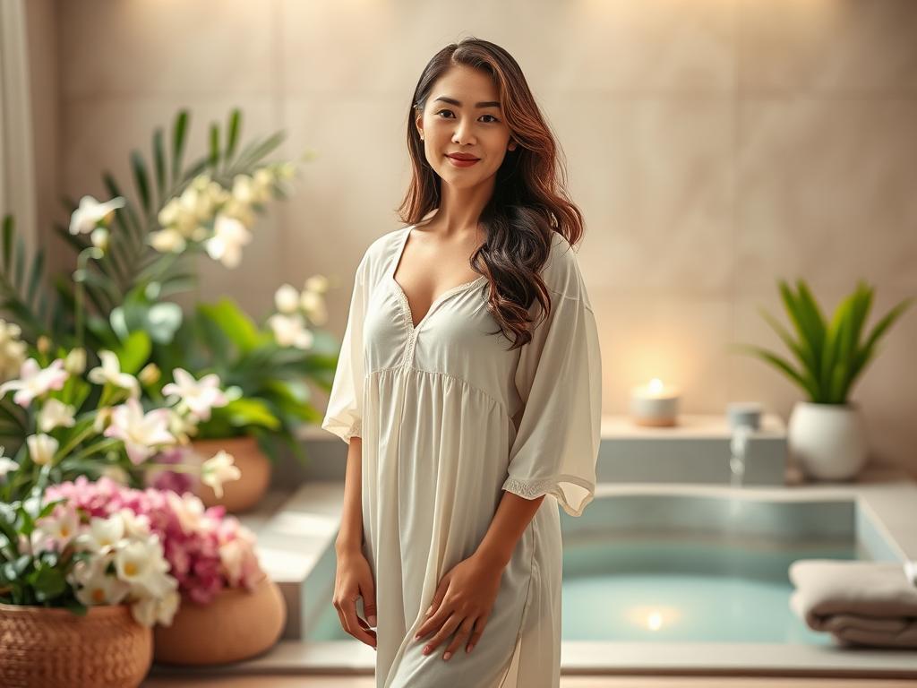 A well-lit, high-resolution scene depicting a serene, feminine atmosphere. In the foreground, a woman in a soft, flowing nightgown stands gracefully, her expression serene and her posture conveying a sense of self-care and wellness. Behind her, an array of soothing, natural elements - fresh flowers, lush greenery, and a calming water feature - create a tranquil, spa-like environment. Soft, diffused lighting from various angles casts a warm, flattering glow, emphasizing the overall sense of harmony and relaxation. The composition is balanced and elegant, conveying the importance of preventative measures and holistic approaches to intimate health.