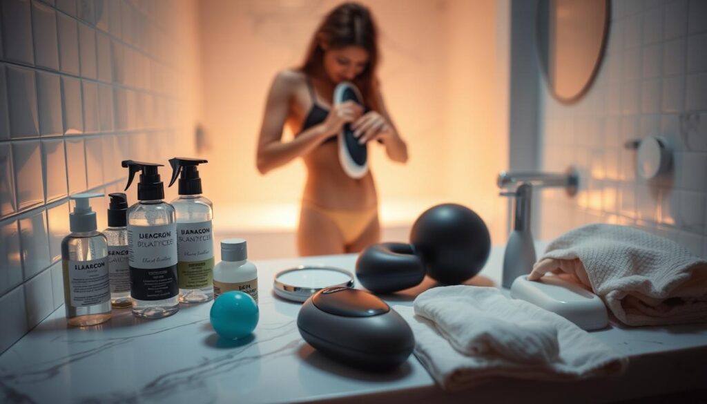 A well-lit, intimate bathroom scene. In the foreground, a variety of pleasure products are arranged neatly on a sleek, marble countertop. Bottles of specialized cleaning solutions and soft, absorbent cloths are positioned alongside the devices. The middle ground features a person, their face obscured, carefully attending to the maintenance of a dual-action toy, their movements gentle and methodical. The background is a serene, minimalist space, with warm, diffused lighting reflecting off the pristine, white tiles. An atmosphere of care, responsibility, and self-exploration permeates the scene.