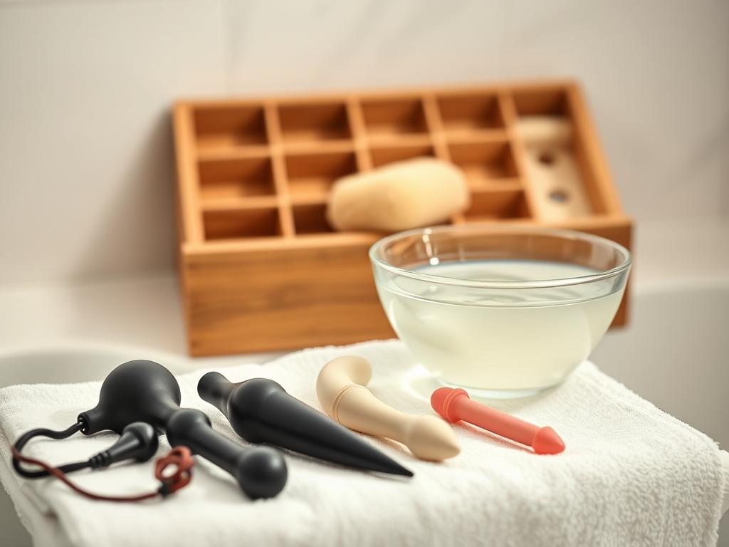A well-lit, minimalist bathroom setting. In the foreground, a selection of sex toys arranged neatly on a clean, white towel. Middle ground features a glass bowl filled with a mild soap solution and a soft sponge. In the background, a wooden storage box with various compartments and dividers. Soft, indirect lighting illuminates the scene, creating a serene, hygienic atmosphere. The overall composition conveys a sense of order, cleanliness, and responsible maintenance of intimate personal items.