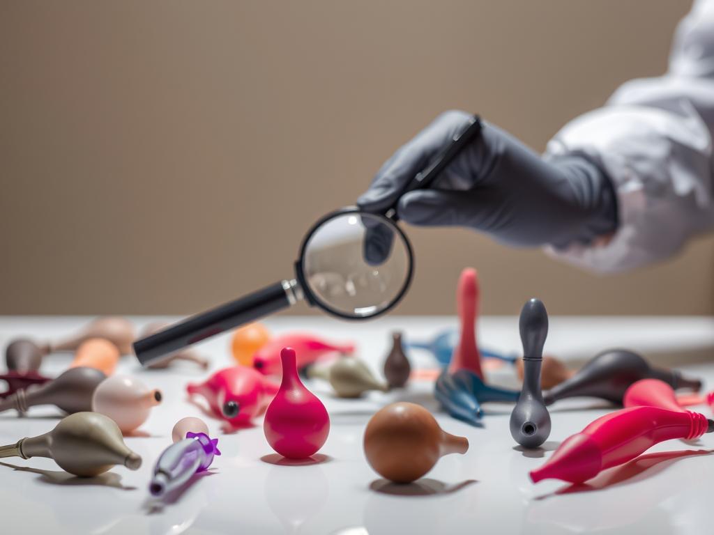 A well-lit product inspection table with various sex toys arranged neatly in the foreground. The toys are positioned on a clean, white surface, allowing their intricate details to be clearly visible. In the middle ground, a magnifying glass and a pair of gloved hands carefully examining one of the toys, inspecting for any signs of wear or damage. The background features a softly blurred, neutral-toned wall, creating a professional and clinical atmosphere. Lighting is soft and diffused, emphasizing the delicate textures and contours of the sex toys. The overall composition conveys a sense of meticulous attention to detail and a commitment to maintaining the longevity of these intimate products.
