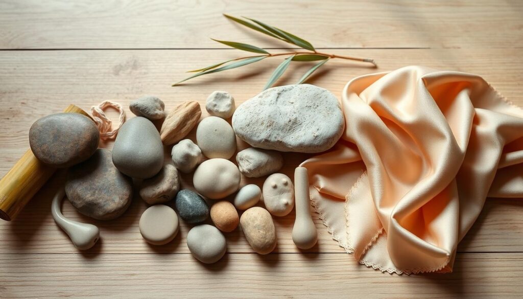 A well-lit still life arrangement of alternative sex toy materials, including smooth stones, bamboo, and satin fabrics, arranged on a neutral-toned wooden surface. The materials are displayed with a sense of sensual curiosity, inviting the viewer to explore their tactile qualities and potential for intimate use. The lighting is soft and diffused, creating a warm, inviting atmosphere. The composition is balanced and visually appealing, highlighting the natural beauty and versatility of these unconventional materials.