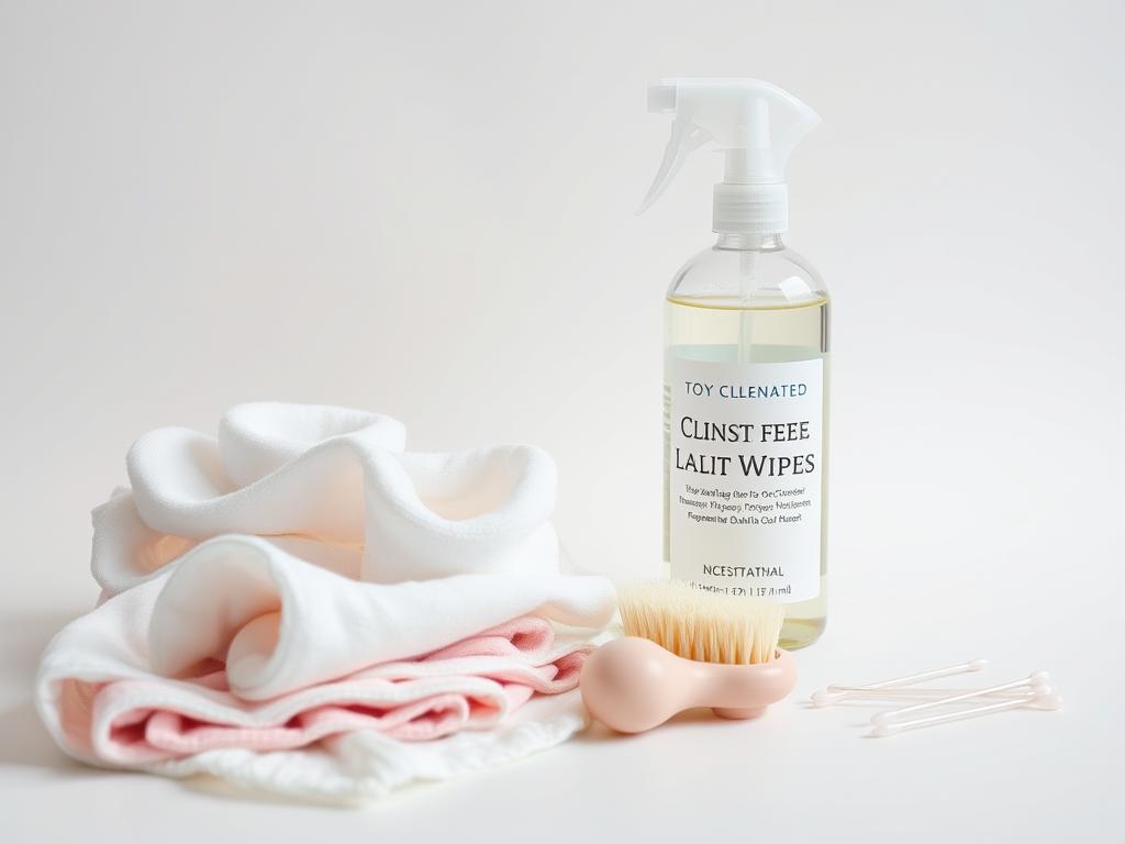 A well-lit still life composition showcasing essential cleaning tools for intimate products. In the foreground, a selection of soft, lint-free cloths, disinfecting wipes, and a small scrub brush. In the middle ground, a glass spray bottle filled with a gentle, fragrance-free toy cleaner, alongside a set of slender, plastic-tipped cleaning swabs. The background features a simple white surface, allowing the tools to take center stage. The lighting is soft and even, casting minimal shadows and highlighting the textures and materials of the items. The overall mood is clinical yet approachable, conveying a sense of care and attention to detail for maintaining intimate hygiene.