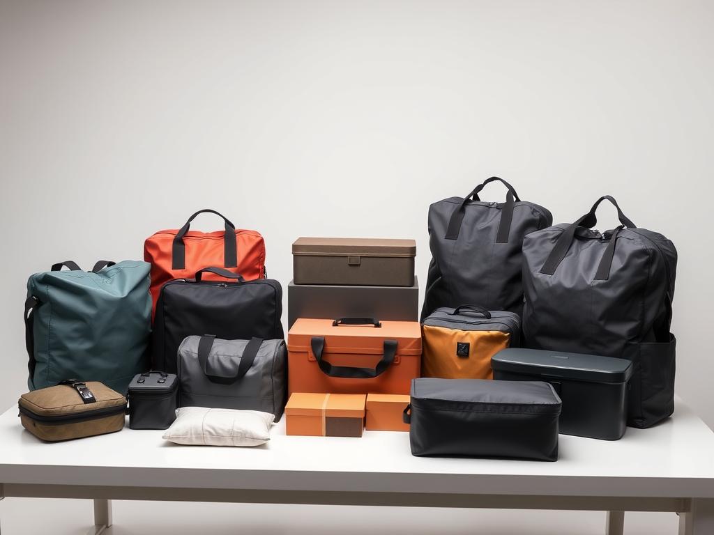 A well-lit studio scene showcasing an assortment of storage bags and boxes in various sizes, materials, and colors. The items are neatly arranged on a clean, minimalist table, allowing for a clear, uncluttered comparison. Soft, directional lighting enhances the textures and highlights the functional details of each container. The overall mood is professional, informative, and visually appealing, suitable for illustrating a comparison of discreet and safe storage options.