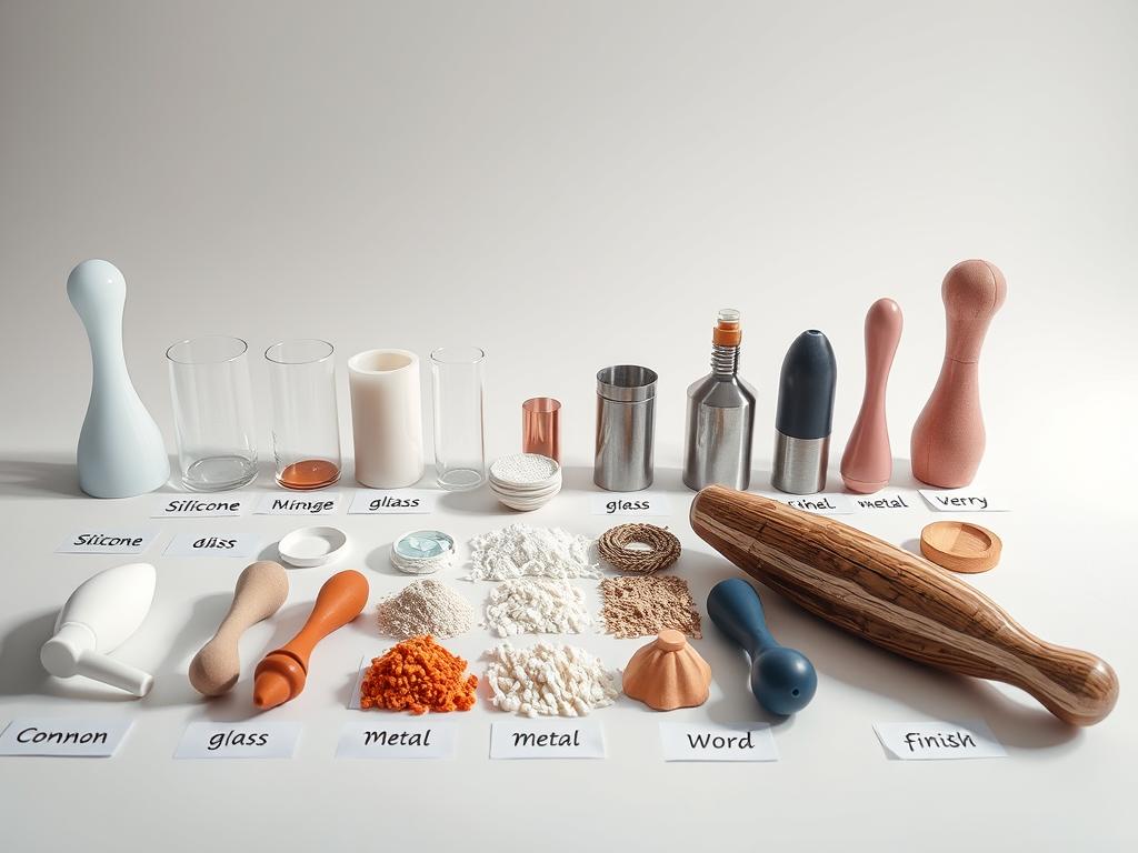 A well-lit tabletop showcasing an array of sex toy materials, each neatly arranged and labeled. The foreground features a range of common materials - silicone, glass, metal, and wood - presented in clean, uniform samples. The middle ground highlights the unique textures and finishes of each material, inviting tactile exploration. The background is a soft, neutral backdrop that allows the materials to take center stage. Crisp, studio-quality lighting casts subtle shadows, accentuating the dimensional qualities of the samples. The overall composition conveys a sense of clinical examination, guiding the viewer through a methodical comparison of safe, body-friendly materials for intimate products.
