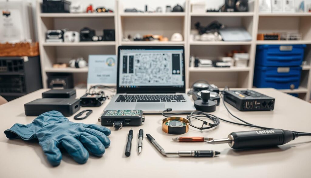 A well-lit workspace with various electronic devices laid out on a clean, neutral-toned table. In the foreground, a pair of rubber gloves and a set of precision tools, conveying the importance of proper protective equipment. In the middle ground, an open laptop with a circuit diagram displayed, alongside a magnifying glass and a soldering iron, indicating the delicate nature of device maintenance. The background features a clean, organized shelving unit stocked with spare parts and manuals, reinforcing the idea of a professional, safety-conscious environment.