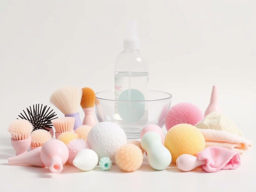 A well-organized array of intimate cleaning tools against a bright, minimalist background. In the foreground, a selection of various shaped and sized brushes, sponges, and lint-free cloths in pastel colors. In the middle ground, a spray bottle of toy-safe cleaning solution and a glass bowl for soaking. The background features a plain white surface, allowing the cleaning essentials to be the focal point. The lighting is soft and diffuse, casting gentle shadows and highlighting the textures of the materials. The overall mood is one of organized cleanliness and care, suitable for maintaining the longevity of intimate products.