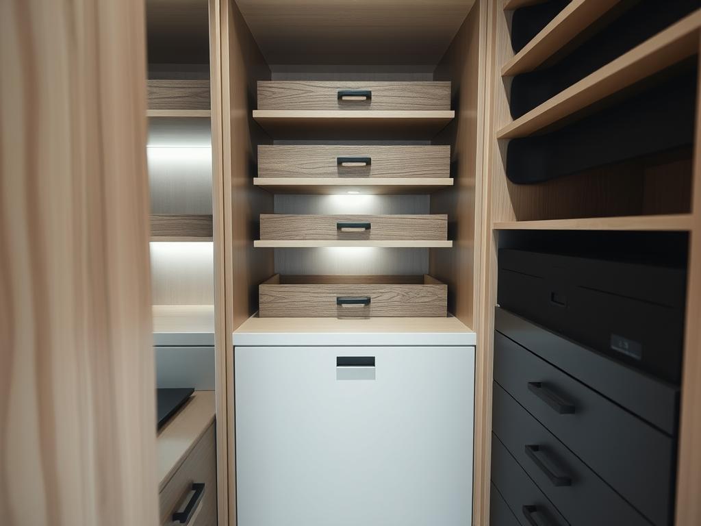 A well-organized cabinet with discreet storage compartments, each fitted with smooth wooden or matte black metal drawers. Soft ambient lighting illuminates the interior, creating a calming, refined atmosphere. The layout is thoughtfully designed, maximizing space efficiency while maintaining a clean, unobtrusive aesthetic. Meticulously crafted to blend seamlessly into a modern, minimalist bedroom or home office setting. The camera angle showcases the cabinet's sleek profile, capturing its understated elegance and practical functionality.