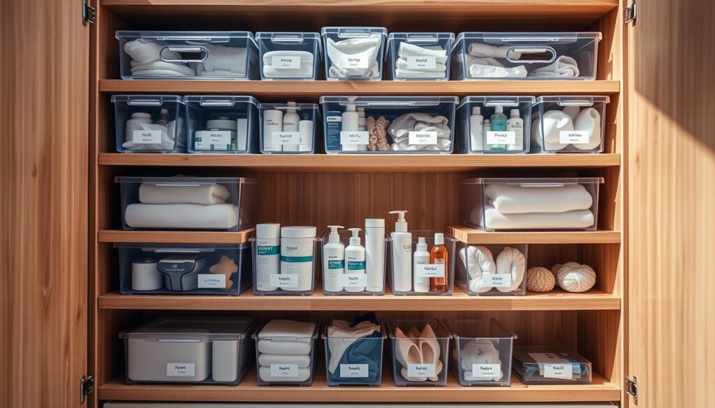 A well-organized storage unit featuring transparent plastic bins and labeled compartments. Soft, natural lighting illuminates the contents, showcasing a variety of hygiene products and intimate accessories arranged neatly. The shelves are made of sleek, modern wood, creating a minimalist and discreet aesthetic. The overall composition exudes a sense of order, cleanliness, and practicality, suitable for the safe and hygienic storage of personal items.