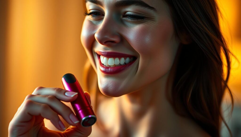 A woman's face radiates joy as she experiences the smooth, discreet operation of a sleek, modern bullet vibrator. Warm, diffused lighting casts a sensual glow, highlighting her flushed, ecstatic expression. The vibrant, elegant device rests in her palm, seamlessly integrated into the intimate scene. The background is softly blurred, drawing the viewer's focus to the woman's blissful, satisfied countenance - a testament to the effortless, intuitive use of this cutting-edge pleasure tool. The overall atmosphere conveys a sense of empowered, confident self-exploration and heightened sensations.