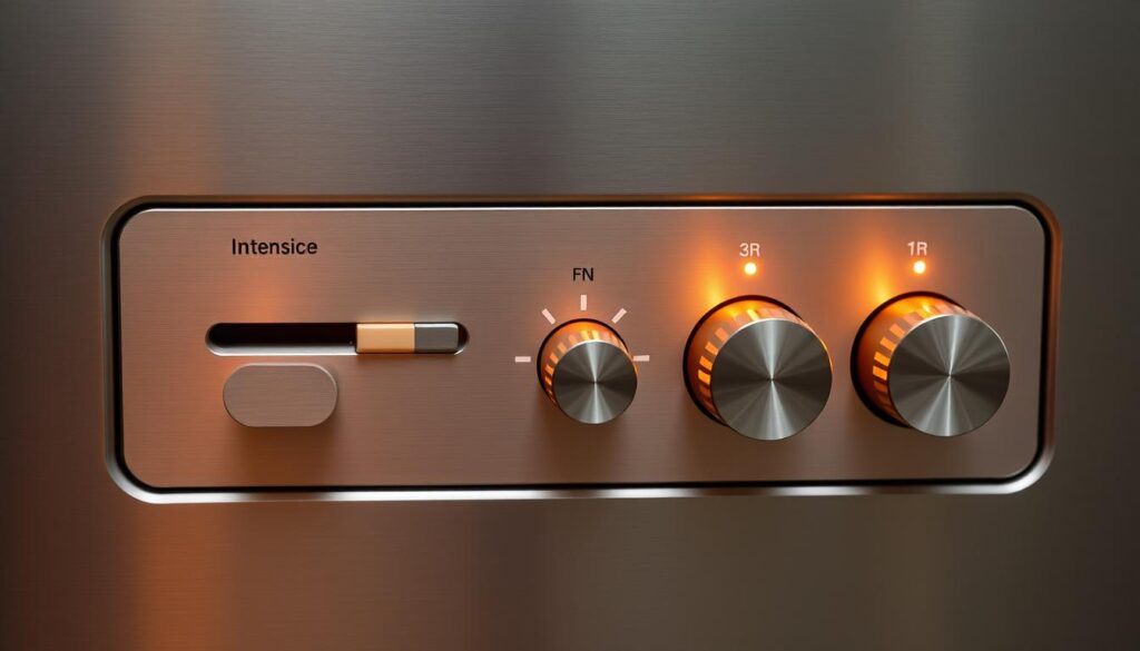 Adjustable intensity controls: A sleek, minimalist panel with precision sliders and knobs to fine-tune power. Softly lit with warm tones, the controls are intuitively arranged, inviting tactile interaction. The display is crisp and uncluttered, focusing attention on the adjustable settings. Backlit indicators provide clear visual feedback, allowing for intuitive, gradual changes. The surrounding frame is brushed metal, conveying a sense of quality and durability. Overall, the image suggests a high-end, user-friendly interface that prioritizes safety and ease of use.