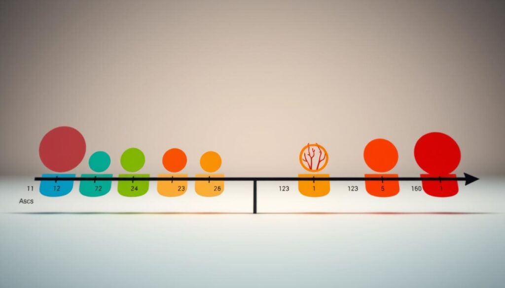 An arousal scale illustrating the body's response to stimulation, rendered in a clean, minimal style. The foreground depicts a gradient of colors and shapes, from cool blues and greens to warm reds and oranges, representing the physiological changes during arousal. The middle ground features subtle anatomical references, like blood vessels and nerve endings, captured in a detailed, technical manner. The background is a serene, softly lit environment, creating a sense of focus and introspection. Balanced lighting, a tight, close-up framing, and a muted color palette convey the clinical yet intimate nature of the subject.