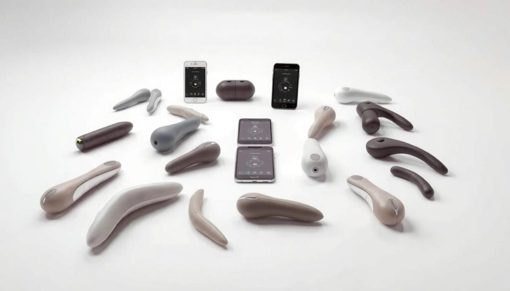 An array of sleek, app-controlled pleasure devices laid out on a pristine white surface, surrounded by a soft, diffused lighting that highlights their sculptural forms. In the foreground, a selection of various shapes and sizes, each with discreet interfaces and subtle illuminations, conveying a sense of tactile refinement. In the middle ground, the devices are flanked by streamlined smartphone mockups, their screens displaying intuitive control interfaces. The background is a minimalist, studio-style setting, with clean lines and a muted color palette that allows the products to take center stage.