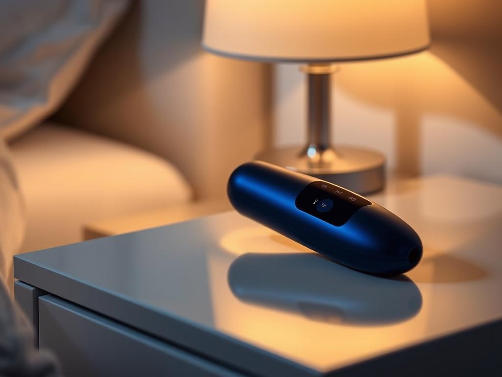 An elegant midnight blue vibrator with a sleek, ergonomic design, resting on a low-lit, minimalist nightstand. The device features a discreet touchscreen control panel, allowing for precise, app-driven customization of vibration patterns and intensity. Soft, indirect lighting from a nearby table lamp casts a warm, inviting glow, creating an atmosphere of sensual, intimate comfort. The vibrator's smooth, velvety surface reflects the light, hinting at the pleasures it can provide. The overall scene exudes a sense of modern, high-end luxury, perfectly suited to illustrate the section on "What Are App-Controlled Vibrators?"