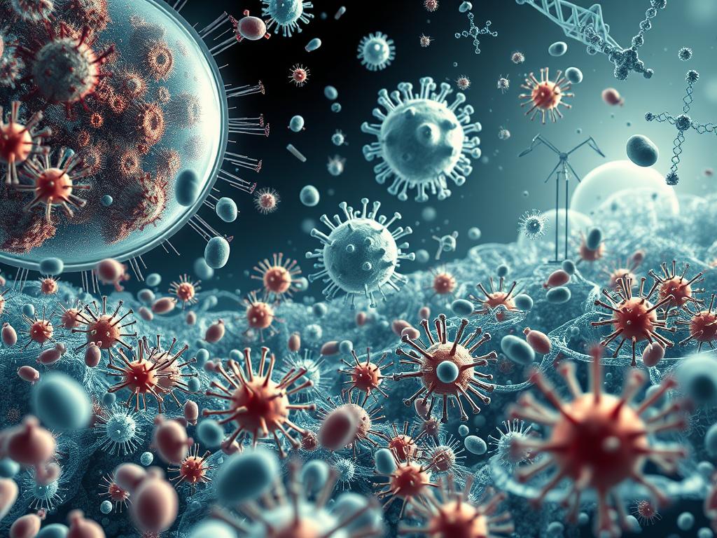 An expansive scientific illustration showcasing the intricate world of bacteria and viruses. In the foreground, a magnified view of diverse microbial forms, their cellular structures and intricate flagella visible. In the middle ground, a detailed depiction of viral particles, their distinctive capsid shapes and genome structures highlighted. In the background, a complex molecular landscape, with DNA strands, chemical compounds, and microscopic equipment subtly integrated. The scene is bathed in a soft, clinical lighting, emphasizing the technical and analytical nature of the subject matter. The overall composition conveys a sense of scientific inquiry and discovery, inviting the viewer to delve into the fascinating microscopic realm of the unseen.