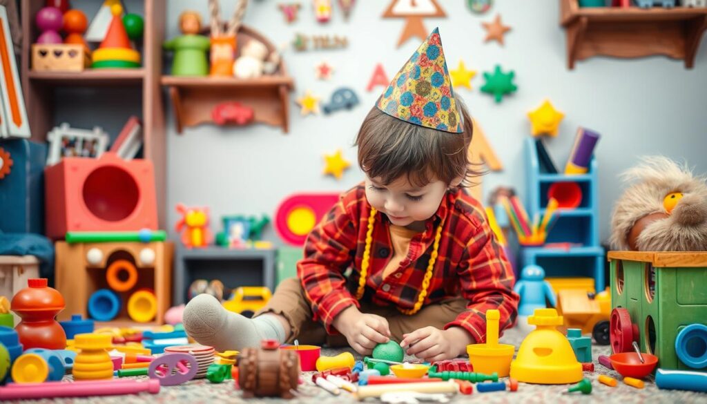 An image of a child engaging in role-play with various toys and props.