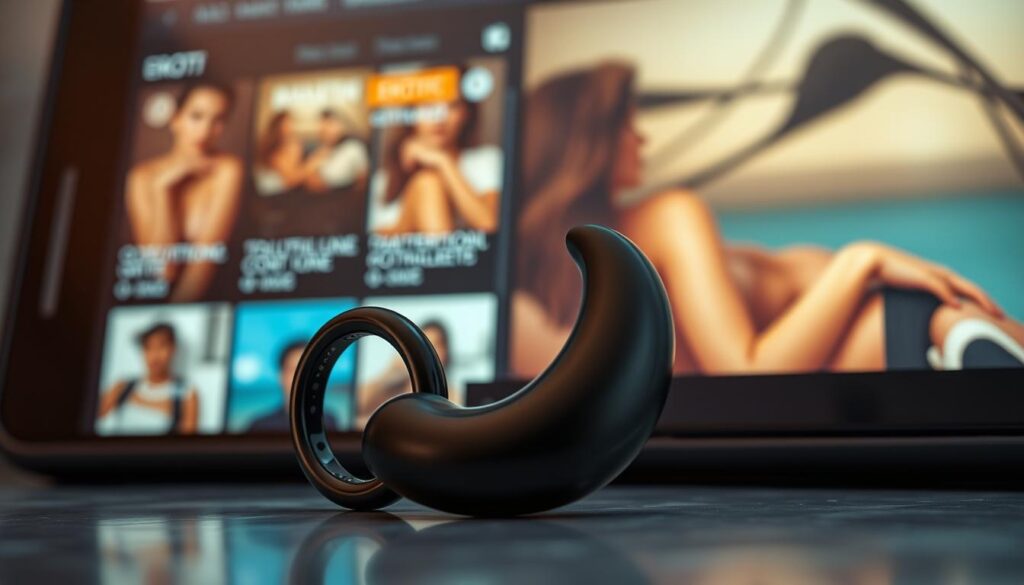 An image of a cock ring and penis pump alongside erotic content on a screen