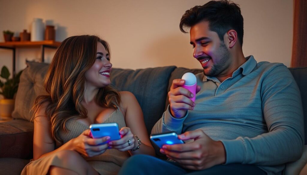 An image of a couple in a long-distance relationship using app-controlled sex toys together.
